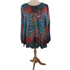 Emery Rose Floral‎ Patchwork Design Long Sleeve Blouse